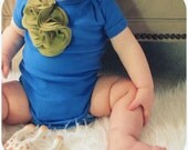Baby Girl One Piece Bodysuit, Olive Green Cluster On Royal Blue, 6 12 Month, Ready To Ship, Embellished