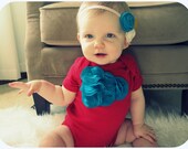 Little Girl One Piece, Turquoise Flower Cluster On Red,  6 12 Month, Custom Size, Colorful