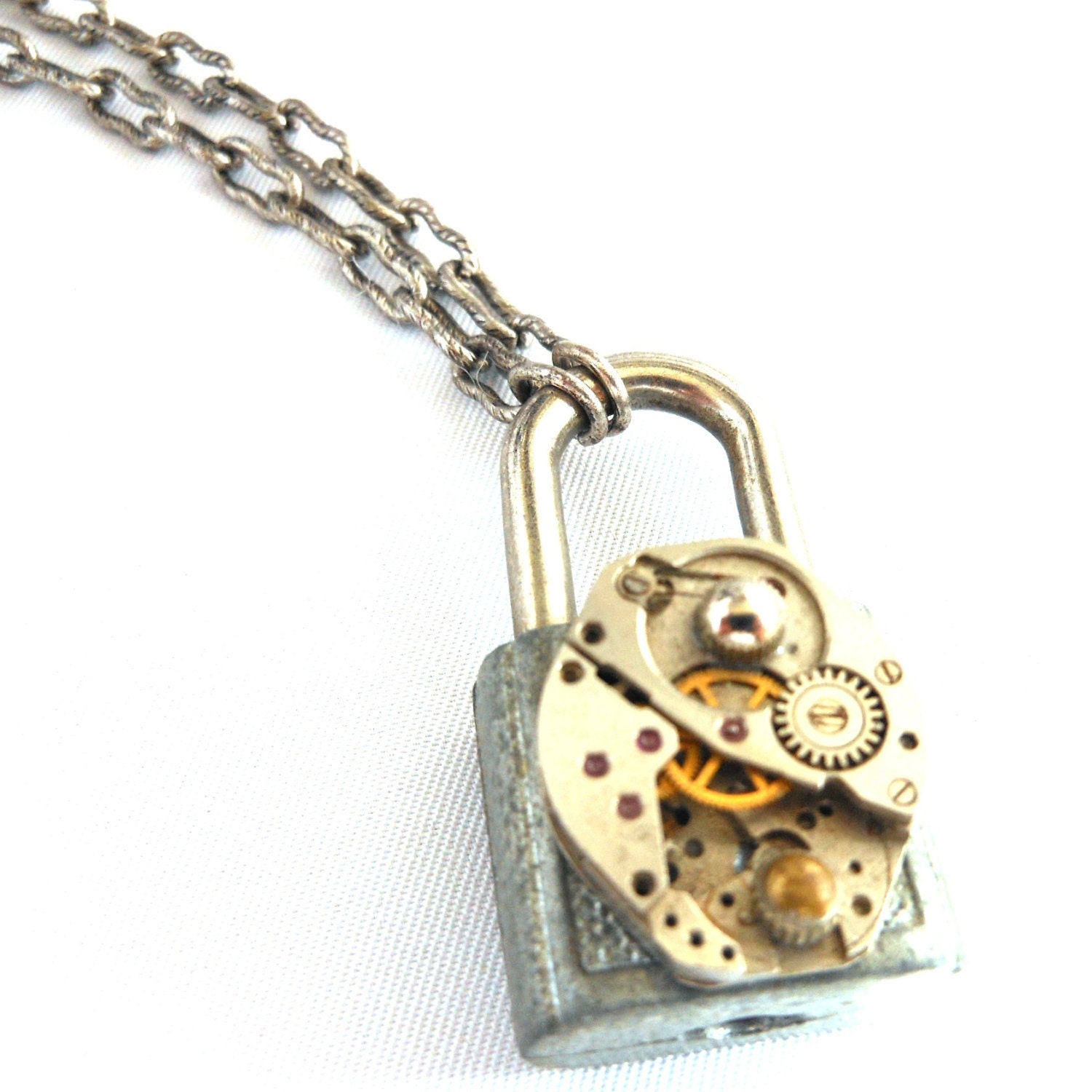 Recycled and Upcycled Mini Padlock Vintage Ruby Jeweled Watch Movement Steampunk Necklace