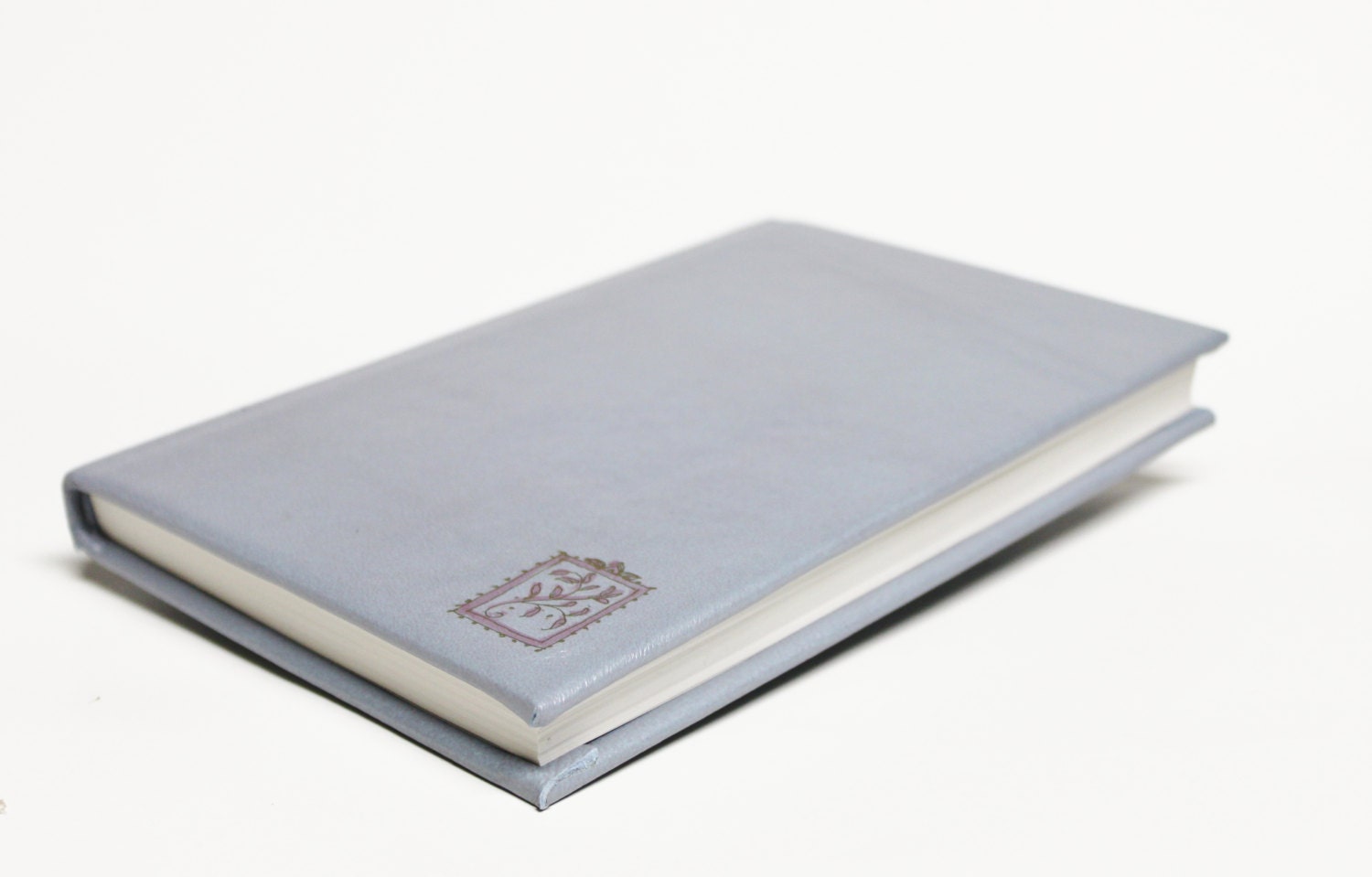 Leather Wrapped Journal Bound Blank Notebook Baby Blue with Pink Floral Frame Accent