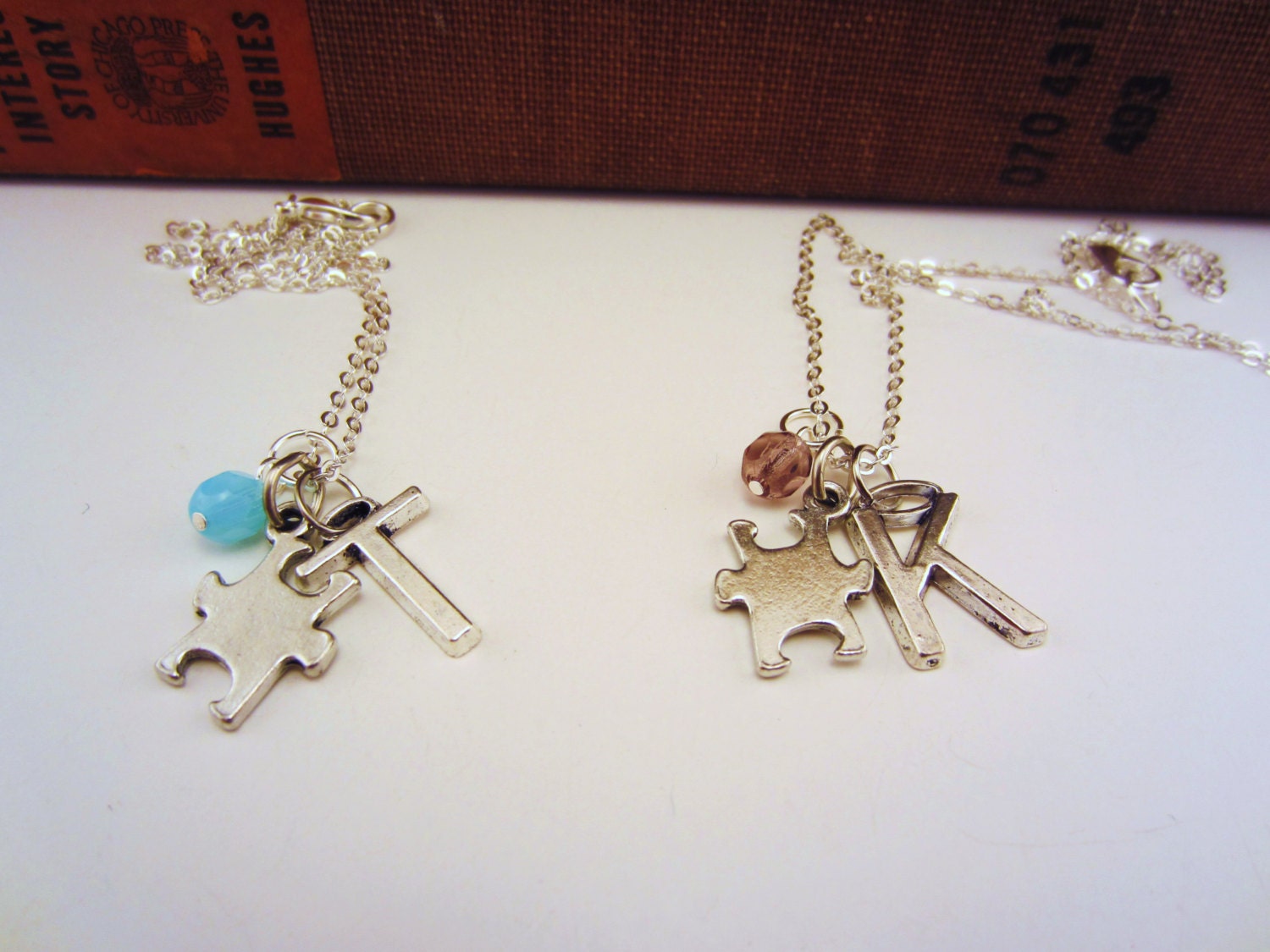 Puzzle piece best friend necklace. One puzzle necklace with custom initial and glass bead. Silver pewter puzzle piece, Czech glass bead.