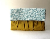 Foldover, handbag, clutch, pouch, purse - Delicada Fold Over Clutch in Mustard Cotton / Floral light blue  fabric