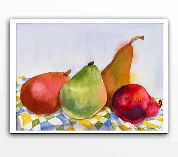 Pears, Fruit Watercolor Original Painting - Still Life - Garden, Home Decor, Wall Decor -  Men Women Kitchen Decor - Green Red  7.25 x 9.25