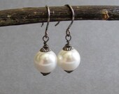White Swarovski Pearl Earrings / Pearl Drop Earrings / Glass Pearl and Gunmetal Dangle Earrings - Classic No. 35