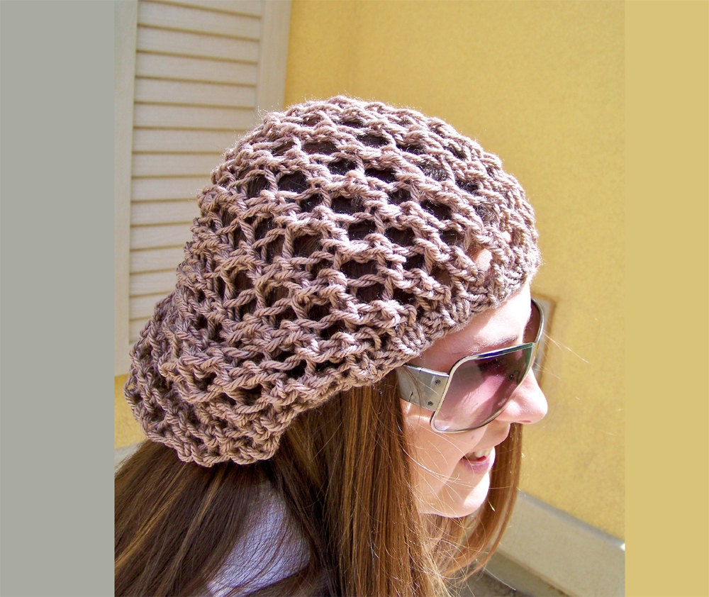 Slouchy Beanie Hat in Camel Brown - Lace Slouch Hat Beanie - Summer Hat - Bohemian Boho Hat - Mesh Fishnet Hat -