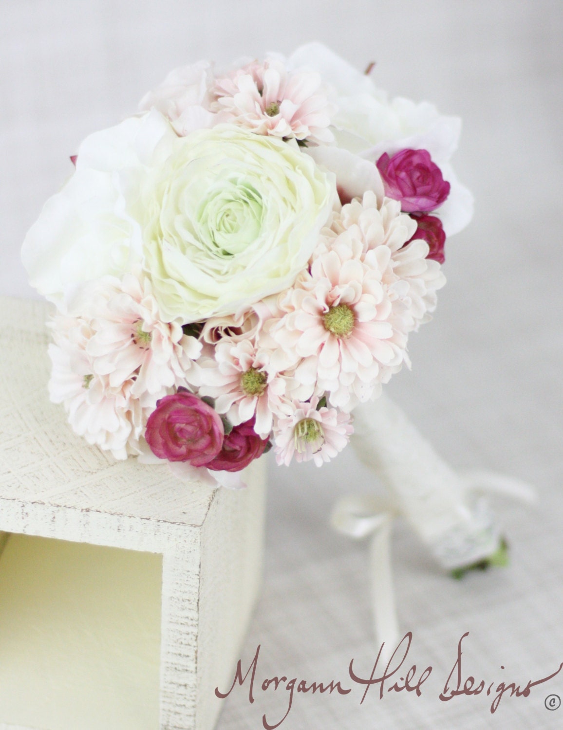 Silk Bridesmaid Bouquet Peony Peonies Roses Ranunculus Daisies Country Wedding Lace (Item Number 130117)