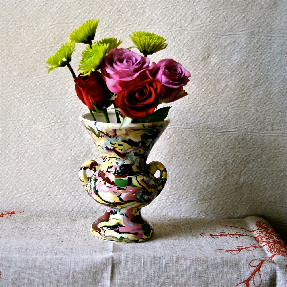 Vintage Mid Century Vase Marbelized Colorful Swirl Art Pottery