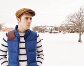 Mens Blue Puffer Vest with Ox-blood Leather Shoulder Patch Size Small