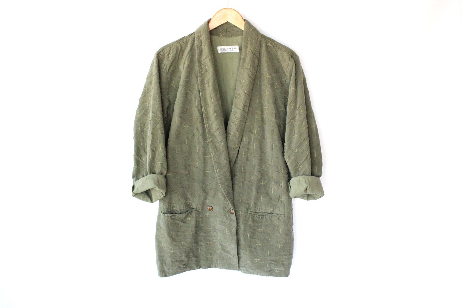 80s Sage Green Soft Textured Jacket - Vintage Casual Blazer with Shawl Collar - M / L