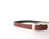 Vintage Thin Brown Leather Belt - 90s Classic Waist Belt with Oblong Silver Buckle