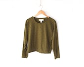 80s Olive Green Crop Top - Beaded Pullover Long Sleeve Vintage T Shirt - S / M