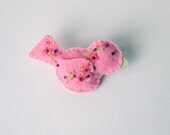 Handmade Felt Bird Brooch Pin - in Pink with Purple, Pink and Green Embroidered Floral and Beaded Embellishments