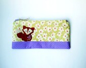 Zipper Pouch, Pencil Case, or Cosmetic Bag - Wind Flowers in Green and Purple with Handmade Felt Fox Embellishment