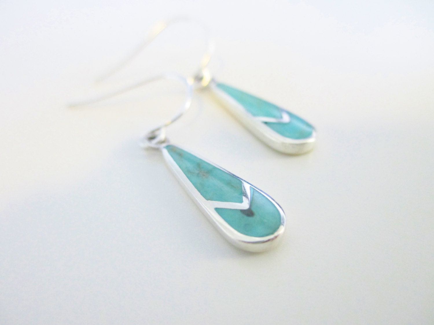 Simply Silver, Delicate Inlaid Turquoise Drop Earrings - Sterling Silver