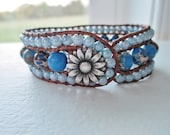 Cornflower Blue Gemstone Beaded Cuff Bracelet - Three Row Cuff Gemstone Beaded Bracelet