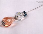 Peach and Blue Stick Pin, 3 Inch Crystal Hat Pin, Scarf Pin, Hijab Pin KC0323