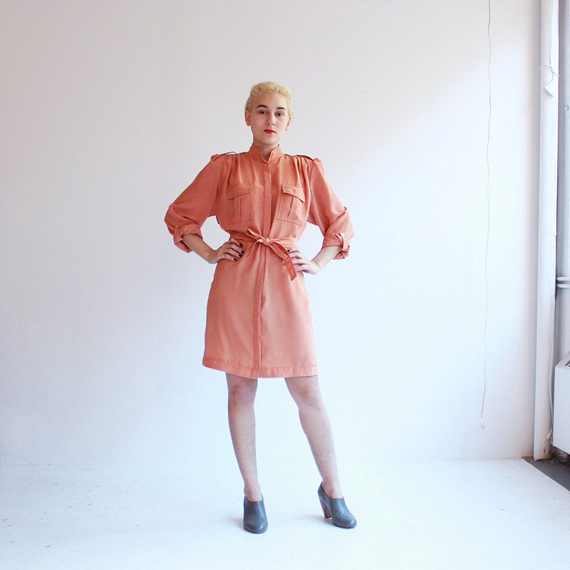 Peach trench dress - 70s - long sleeved shirt dress - Caesar Pony Vintage