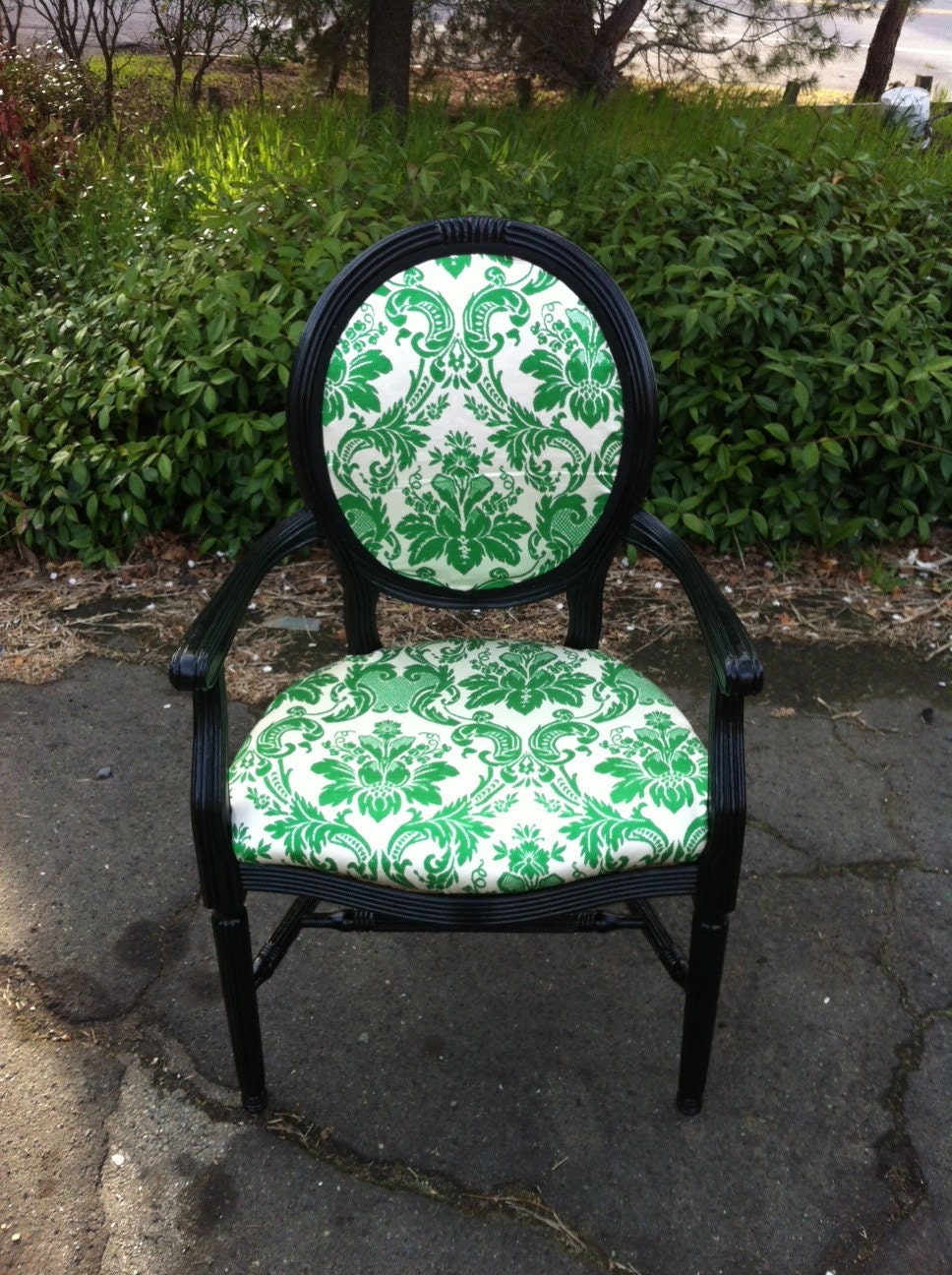 Vintage 1960s Black Italian Column Chair with Deadstock Vert Garden Fabric