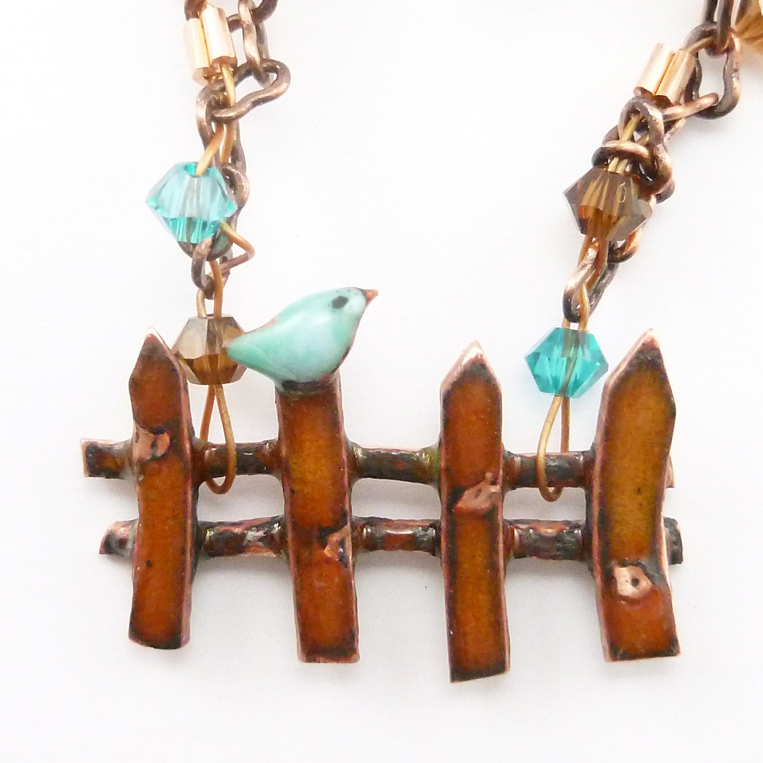Bluebird on a Tiny Picket Fence Necklace