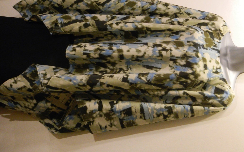 Poncho- Shades of Ivory, Olive and Sky Blue Abstract Print on Rayon Peachskin