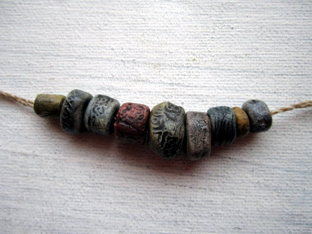 9 Boho Clay Bead Selection Hand Painted Porcelain Clay Ceramic  No.126