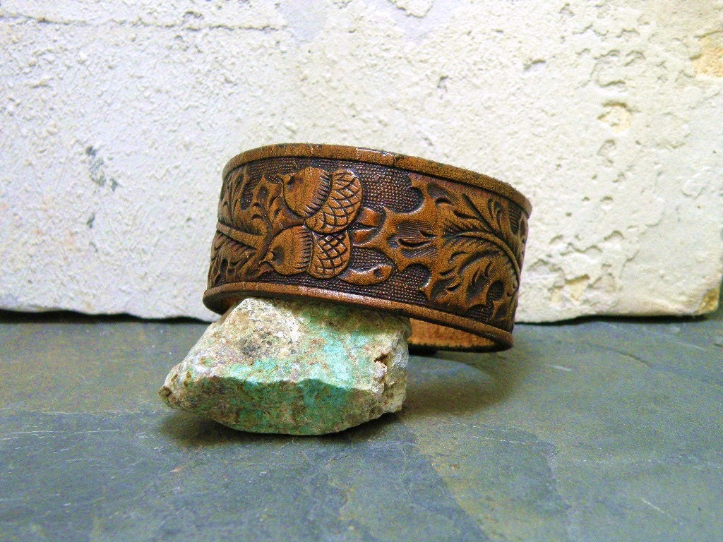 Hand Tooled Leather Cuff Bracelet Wristband Oak Leaf and Acorn Designs Custom Cut and Fit to Your Wrist Jewelry Leather Accessories