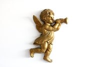 Valentine Decor - 1960s Gold Cherub Wall Decor - 1963 Large Dart Inc Angel - Trumpet Horn Cupid