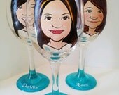 Cute Fun Caricature Hand Painted Wine Glasses- Set of 3 - Personalized Bridesmaid Gifts - Peacock Inspired