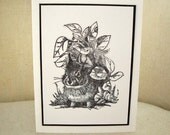 Black and White Blank Note Card, Vintage Inspired Note Card with Bunny Rabbit.