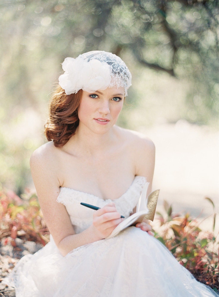 Bridal Juliet Cap & Floral Hair piece, Lace, Silk Flowers, Ivory - Style 210