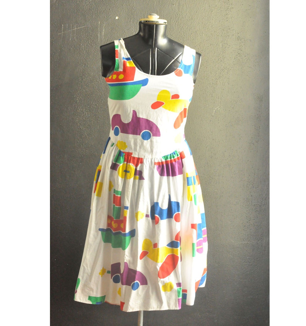 Vintage 1980s Planes Trains Automobiles Print Jumper Pinafore Sleeveless Dress Summer Outfit Size Small