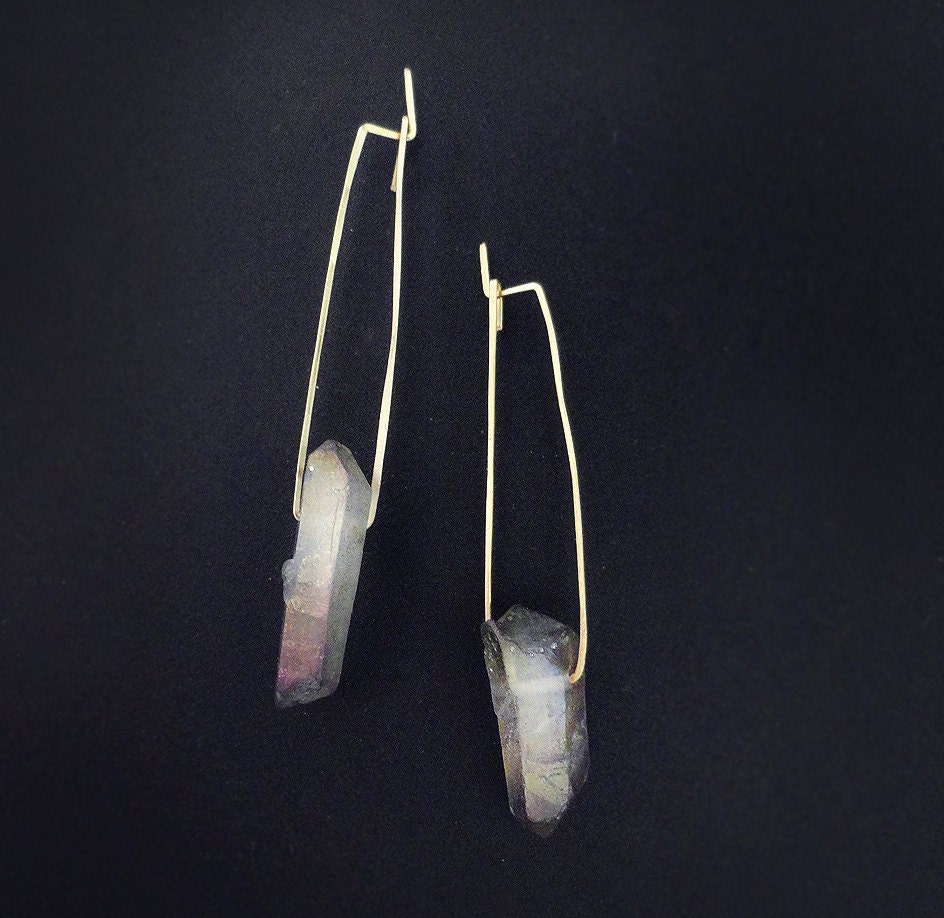 Gold hammered triangle quartz hoops
