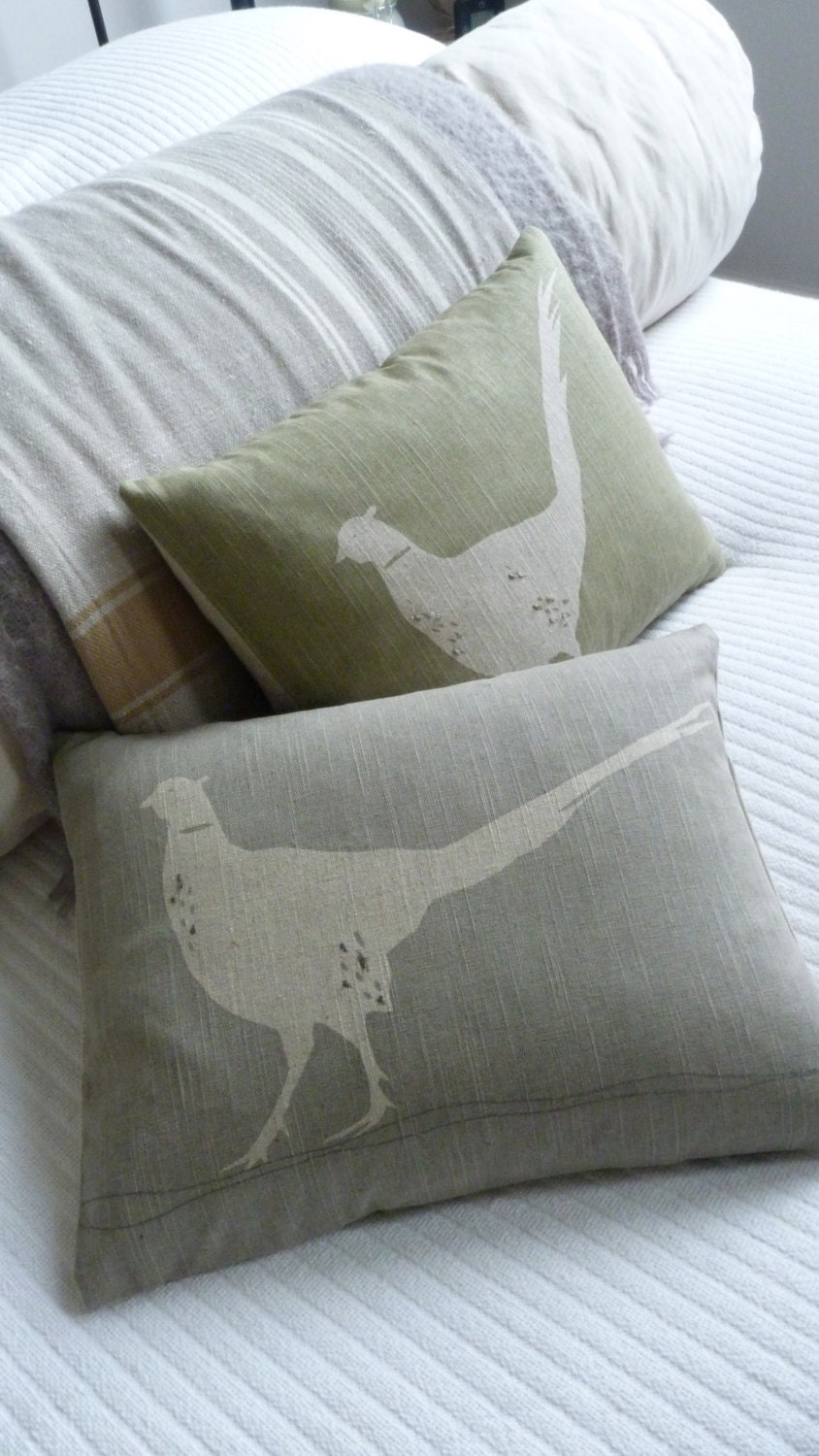 hand printed soft sage single  pheasant cushion