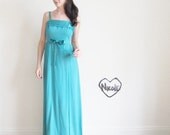 teal bridesmaid dress . turquoise bow tie ribbon gown .small .sale