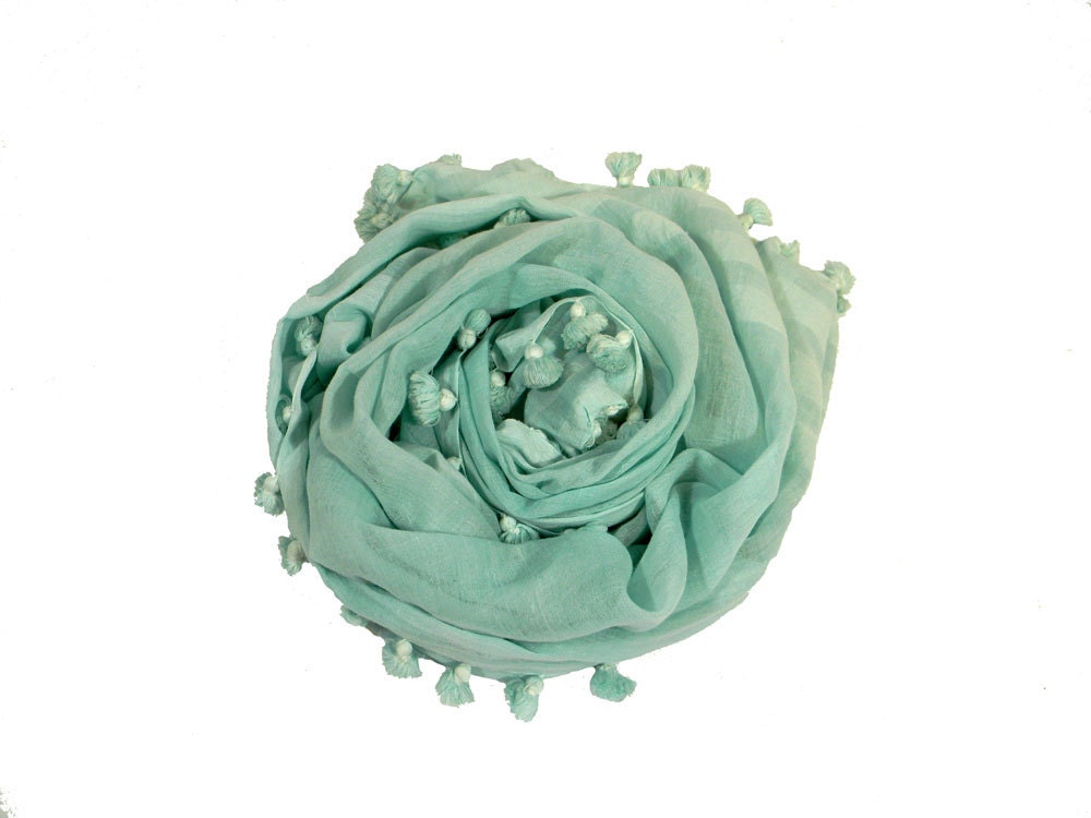 PomPom Tassel Scarf - Handdyed Cotton - Cloud Blue