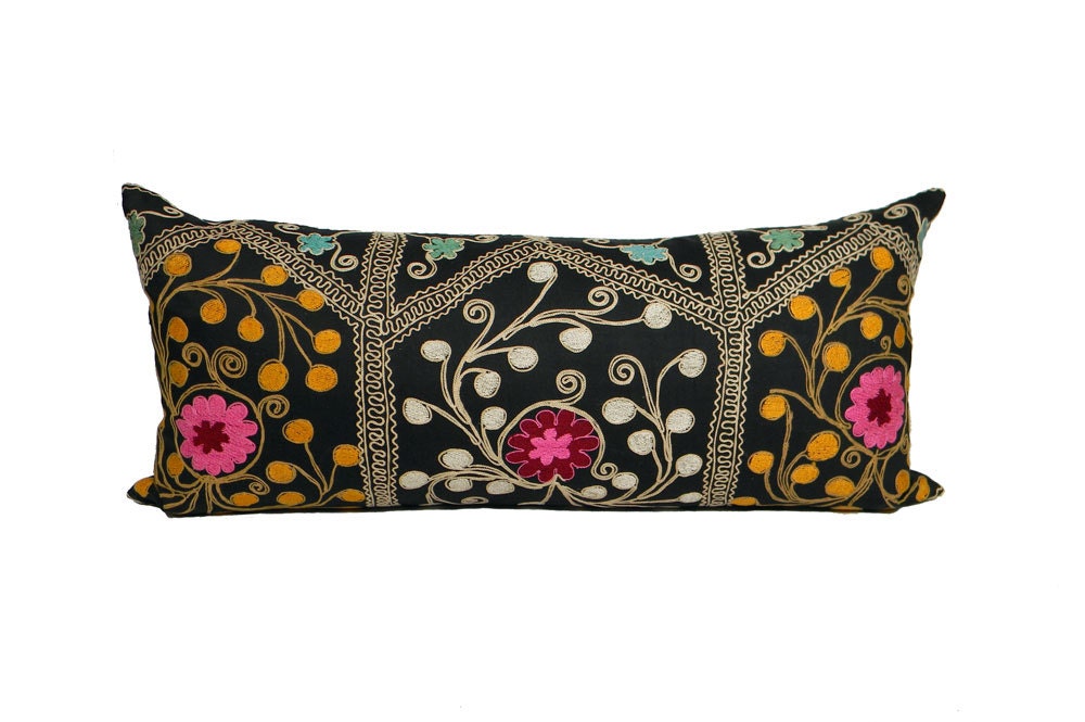 Antique Suzani Pillow - 1910's Abstract Floral - 14 x 30