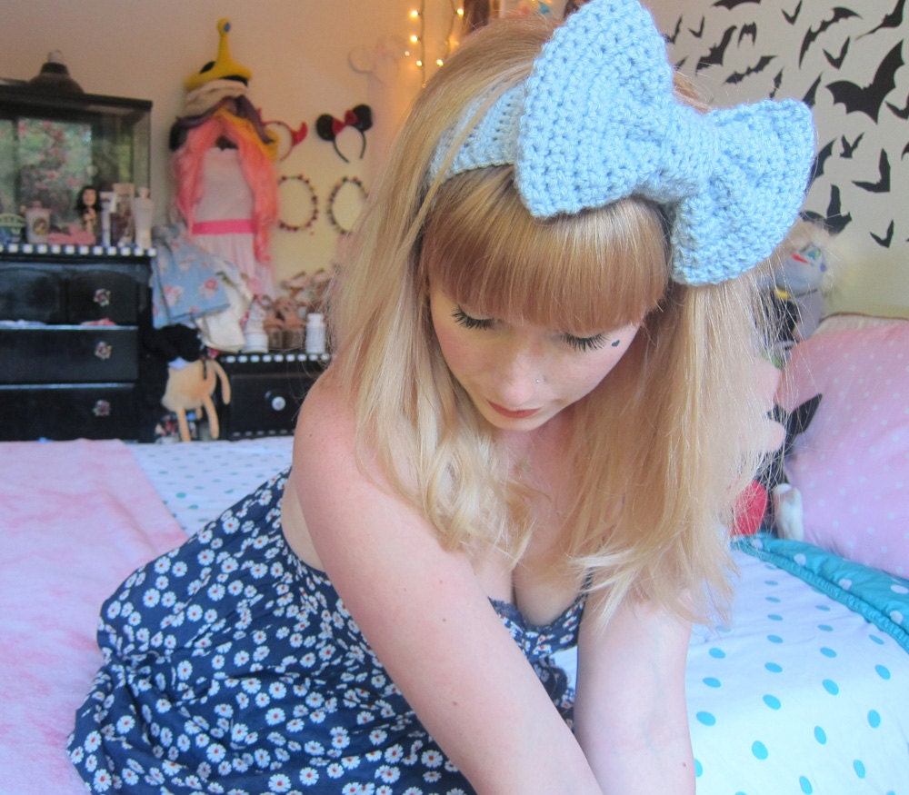 Powder Blue Crocheted Big Bow Ear Warmer Headband (as seen on Marina and the Diamonds)