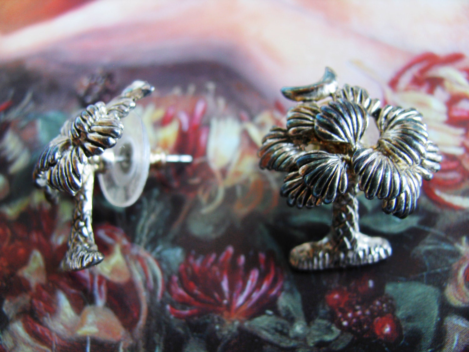 Silver Palm Tree and Moon Earrings