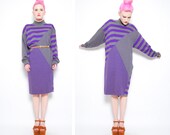 80s Striped Color Block Slouchy Dress - 1980s New Wave Dolman Sleeve T-shirt Oversized Shirt Dress - S M