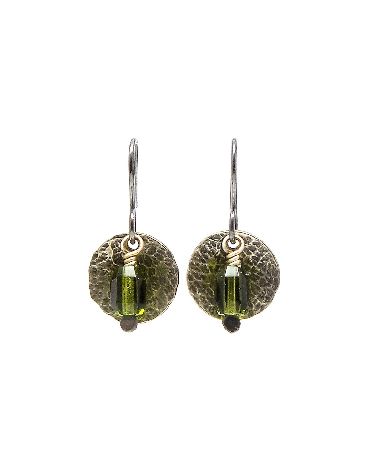 Hammered Silver Earrings, Emerald Green Jewelry, Small Earrings, Hammered Jewelry, Green Earrings, Handmade