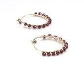 Wire Wrapped Hoop Earrings, Birthstone Earrings, Garnet Jewelry, January Birthstone, Beaded Hoops, Garnet, Sterling Silver