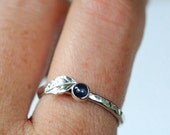 Blue sapphire ring in sterling silver with leaf. Blueberry ring, hammered texture, size 8. September birthstone