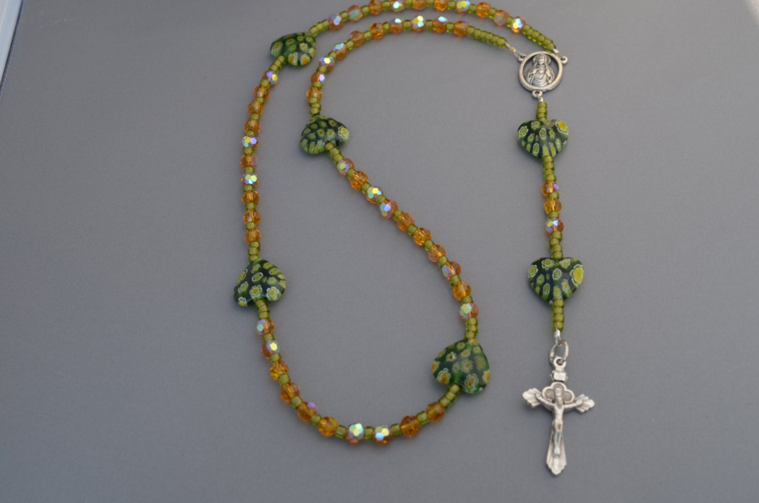 Handmade Rosary Crystal and Glass, Catholic Rosary in Green and Amber, SRAJD