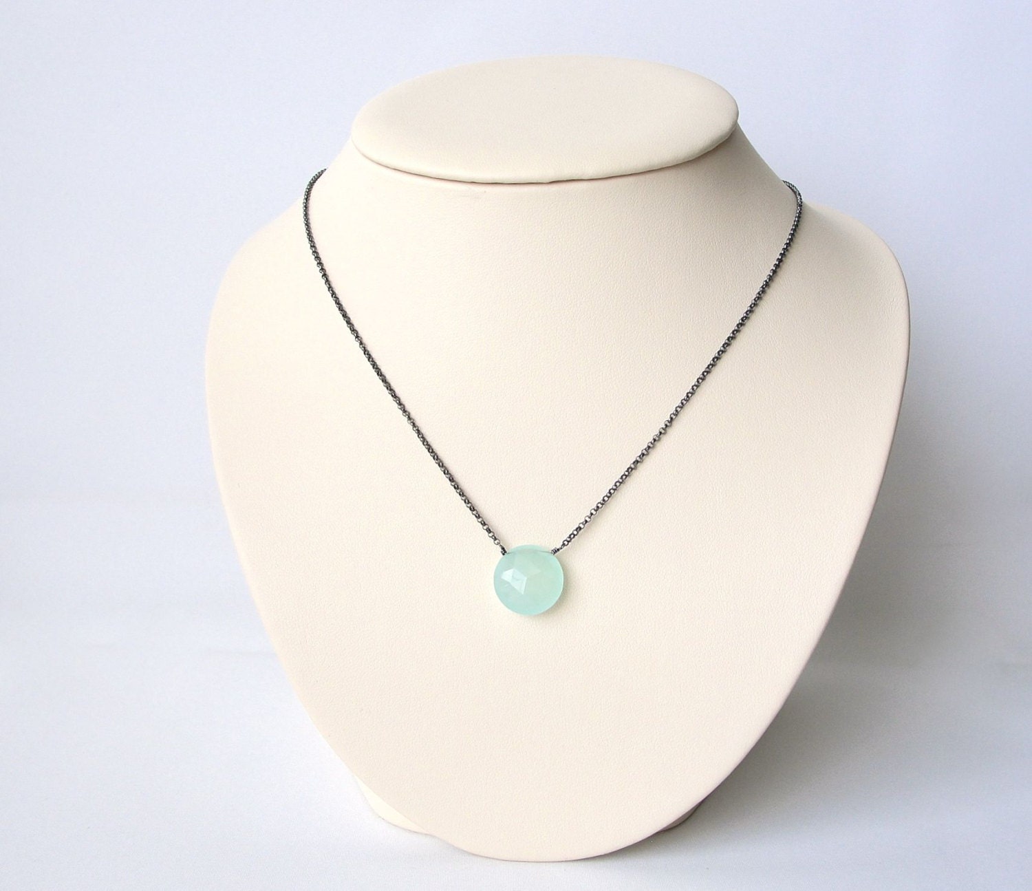 Aqua Chalcedony Necklace in Oxidized Sterling Silver, Round Gemstone Solitaire Necklace, Aqua Jewelry
