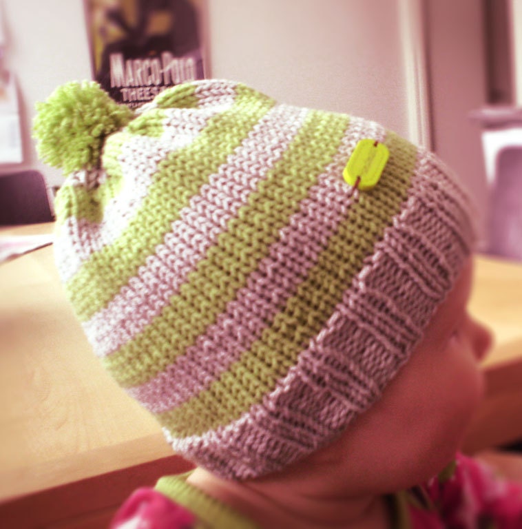 Summer hat for baby boy from 6 months, apple green and gray stripes, pompom
