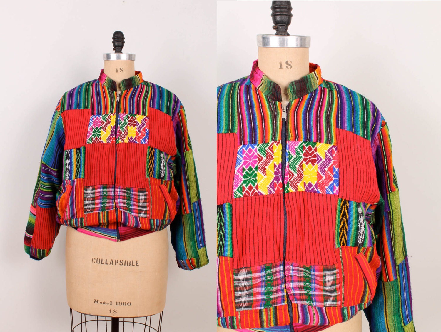 35% OFF 90s Guatemalan Patchwork Jacket - Womens XL - Colorful Woven Cotton Ethnic Coat Striped Neon Green Red Hot Pink Blue Purple Yellow