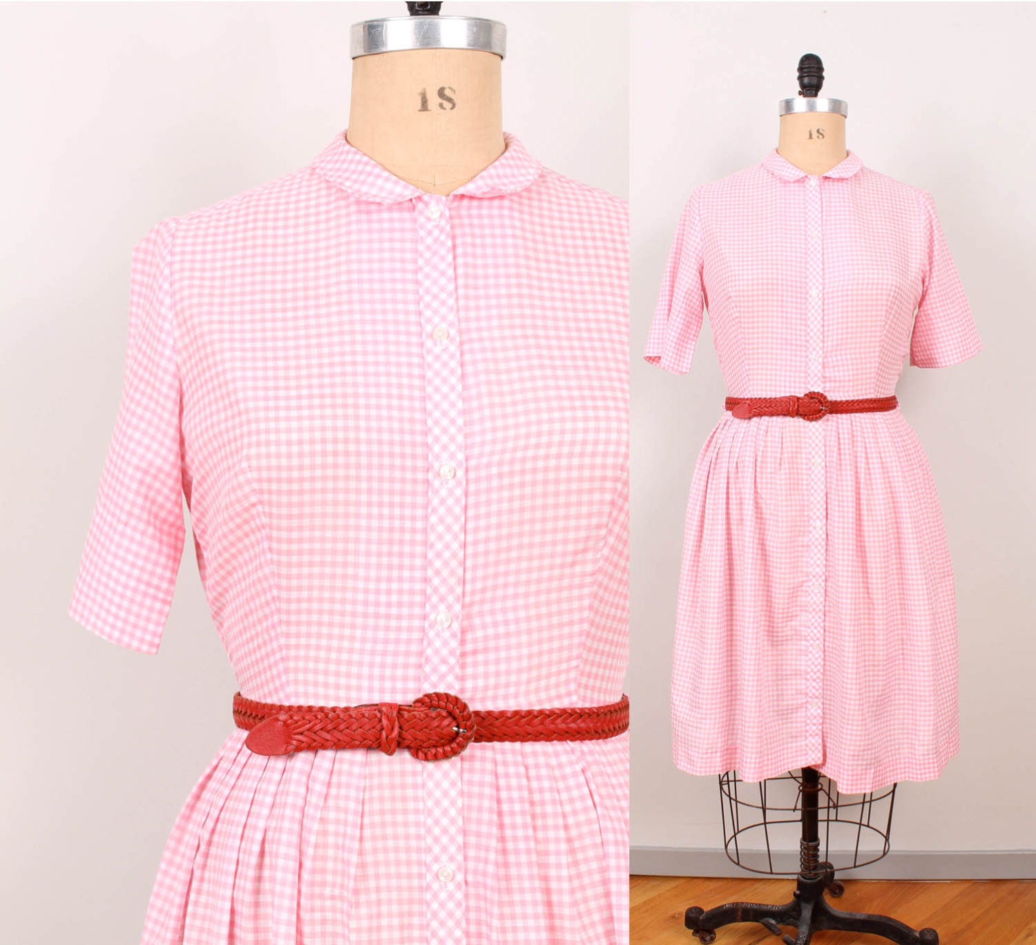 1960s Gingham Day Dress - Womens L - Pink & White Gingham Check 60s Full Skirt Shirtwaist Frock Lightweight Cotton Short Sleeve Button Up