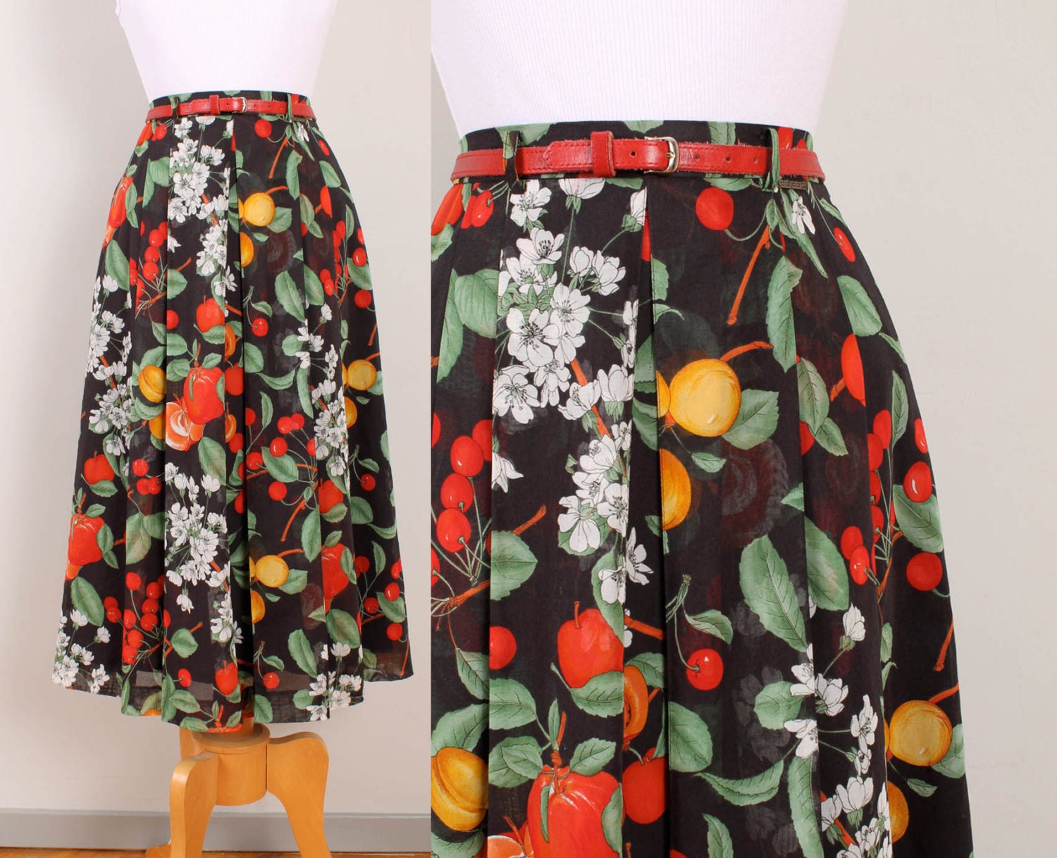 1980s Fruit & Floral Print Midi Skirt - Womens S / M - High Waisted Sheer Cotton Cherries Peaches Flowers Apples Black White Red Orange
