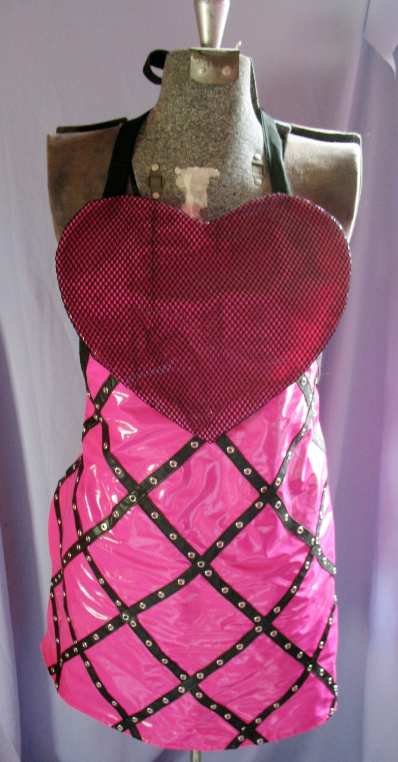 OOAK Black & Hot Pink Punk Rock Shiny Vinyl Novelty Apron with Fishnet Heart Front and Pleather Strapping