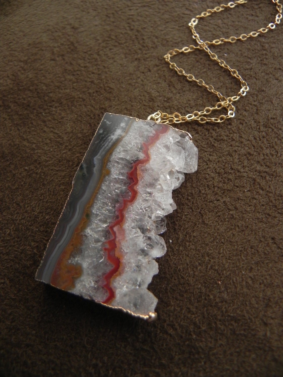 Striking Amethyst Stalactite Slice Pendant and 14kt Gold Fill Necklace Red Stripe